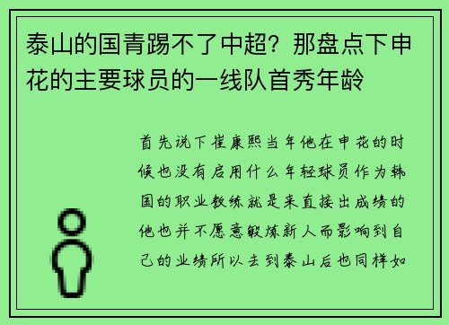 泰山的国青踢不了中超？那盘点下申花的主要球员的一线队首秀年龄
